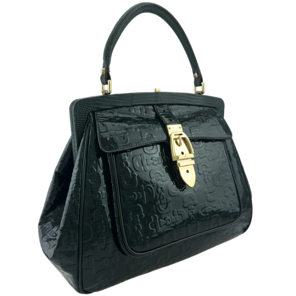 RARE Vintage Gucci Dark Blue Horsebit Embossed Patent Leather Satchel Bag - Picture 4 of 4